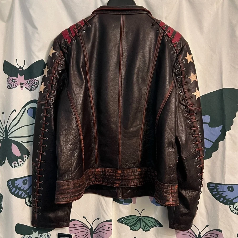 Black Rivet Dark Brown Jacket with Red and White Stars - Picture 2 of 11